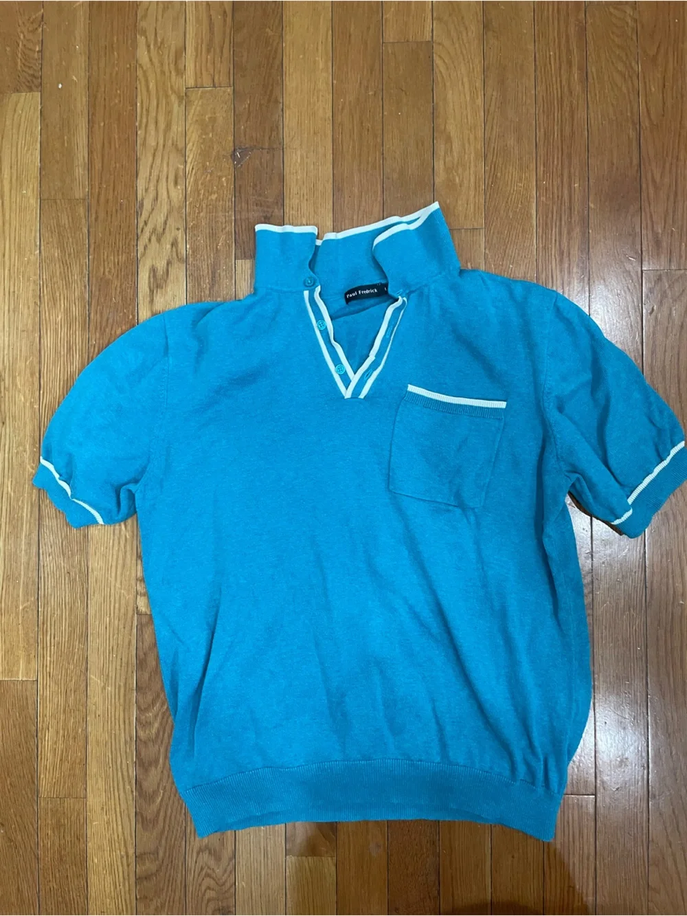 Paul Fredrick Teal Short-Sleeve V-Neck Sweater with White Trim size L